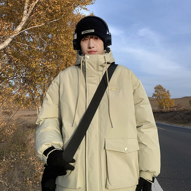 

Men's Winter Thiened Warmth Workwear Cotton Jaet Loose Fit Hooded Coat Youth Casual Sle Thermal Zipper Closure Coat