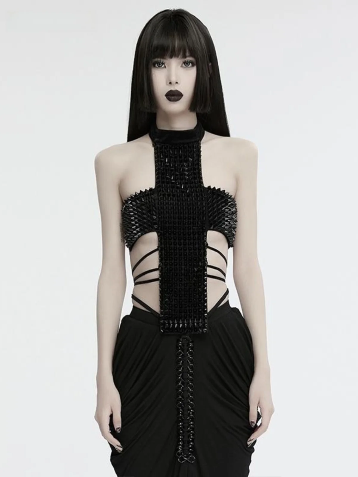 Gothic Dark Crossbody Leather Vest Strap Pure Desire Diamond Pattern Sexy Top Small  Design Punk Rave Slim Fit Tank Top