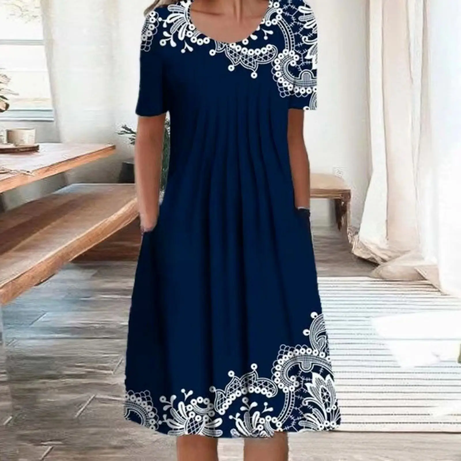 Elegant Women\'s Dresses Flower Fashion Print Crew Neck Short Sleeve Midi Dress Vestido Feminino  Dress Summer 롱원피스 Платья Летние