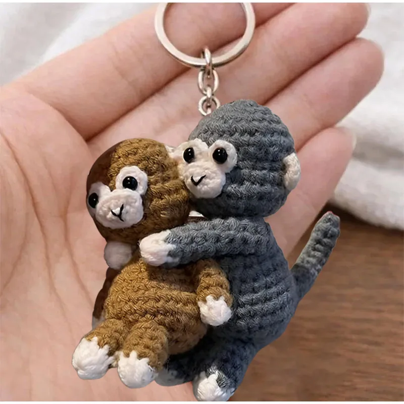 Cute Crochet Punch Double Monkey Keychain Ornament Handmade Knitted Embracing Monkey Model Bag Pendant Soft Keychain Decor Gift