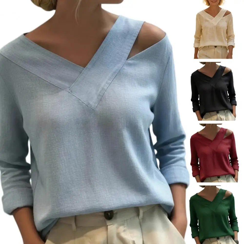 

Офисная женская блузка с V-образным вырезом и открытыми плечами, модная весенне-осенняя рубашка с длинными рукавами и цветовыми вставками для женщин, топы для женщин