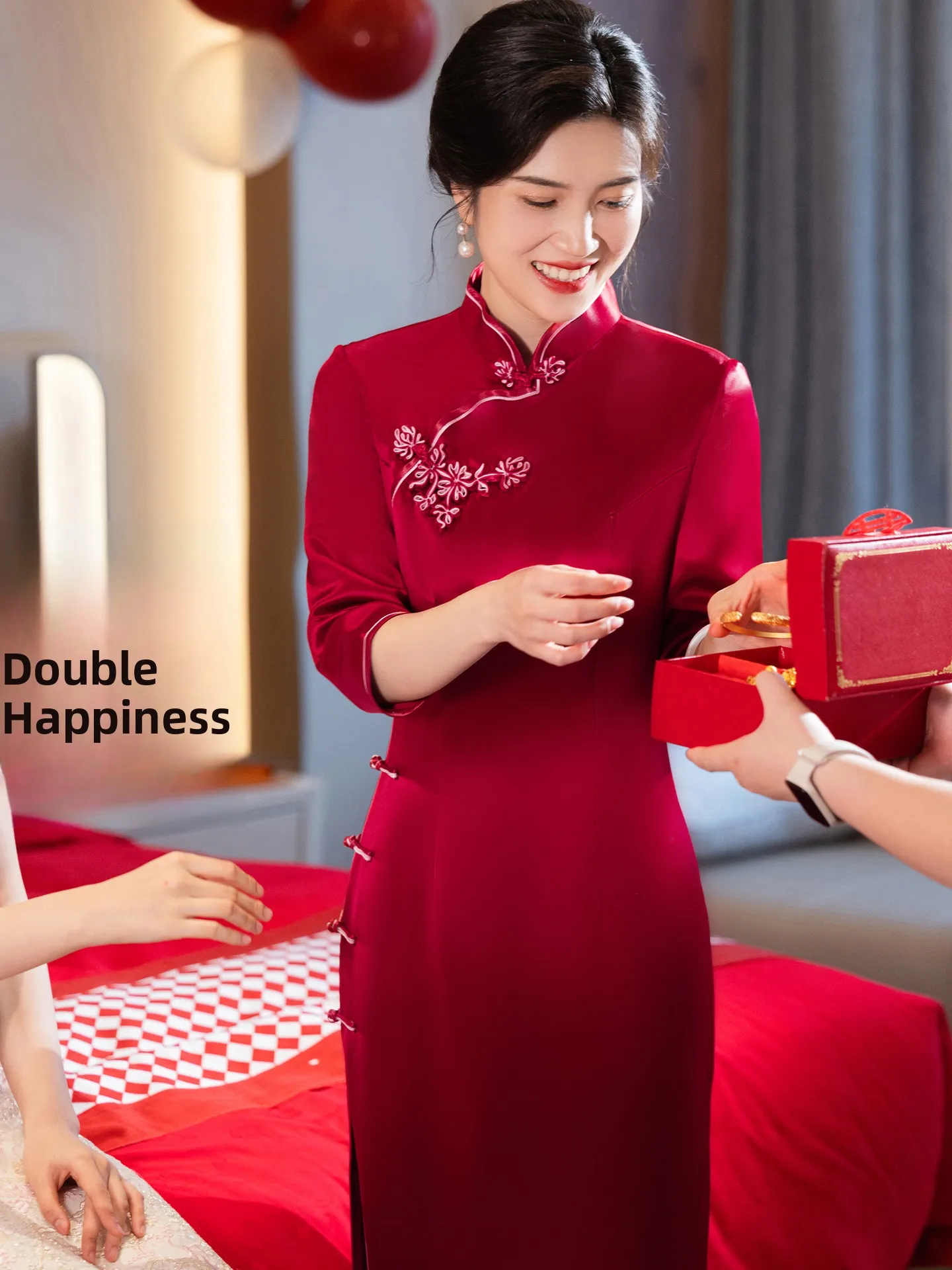 

Ele Red Wedding Dr Acetate Chinese Sle Long Qipao High Slit Breathable Seven Sve for Wedding Banquet