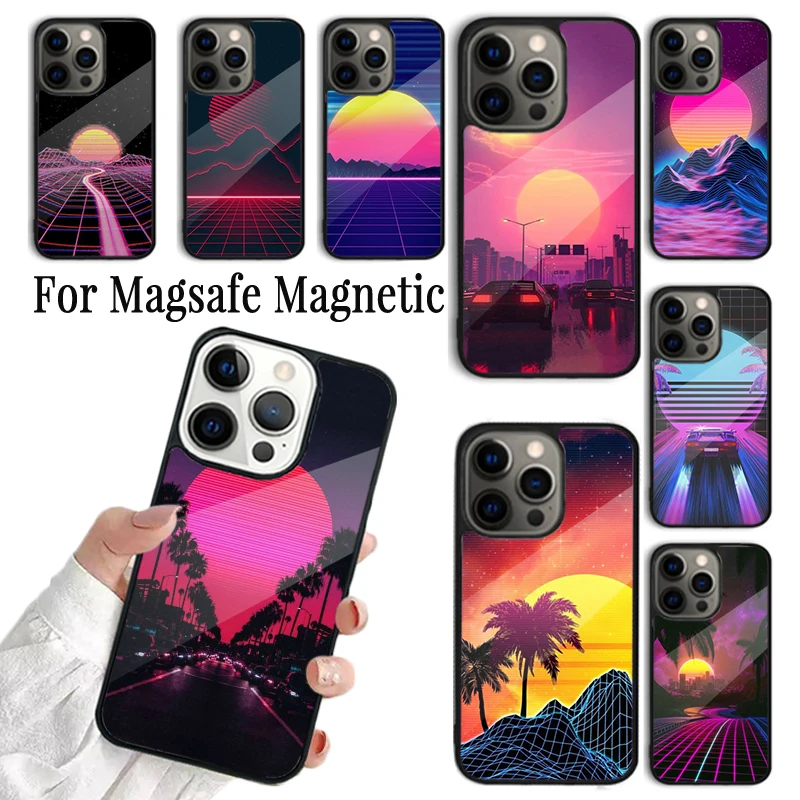 Coque Phone Case For iPhone 16 15 14 13 12 Mini 11 Pro Max Plus Magsafe Magnetic Wireless Charging Cover Synthwave Sun Neon 80's