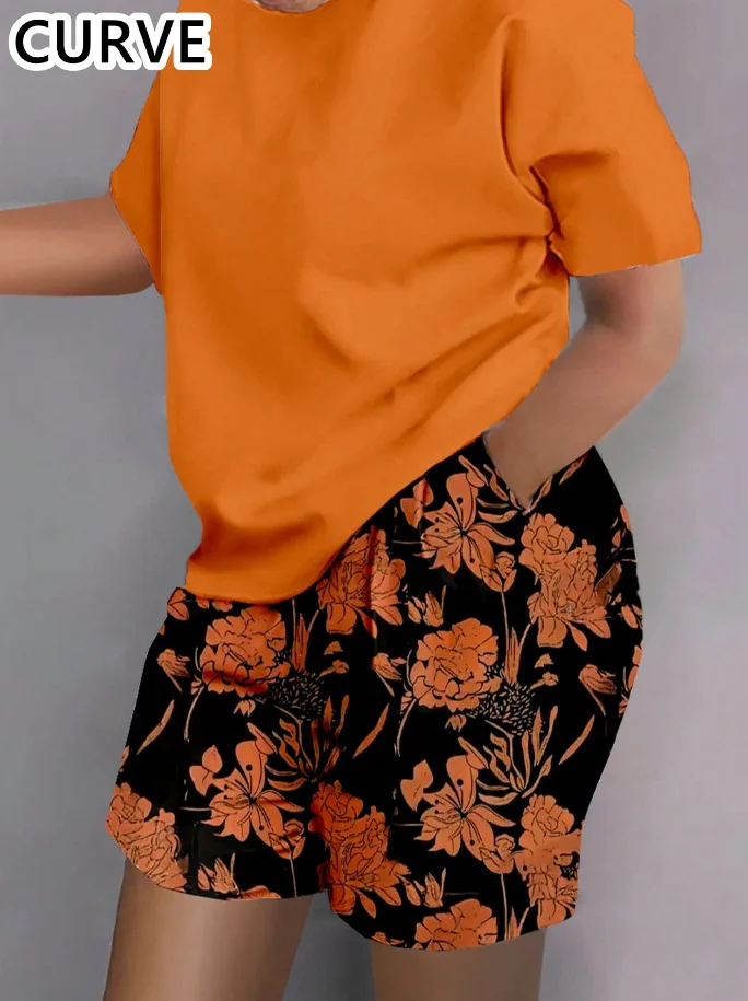 

Большие размеры 1XL-5XL, женские модные комплекты из 2 предметов, футболка с короткими рукавами и шорты с принтом, женские повседневные комплекты из двух предметов