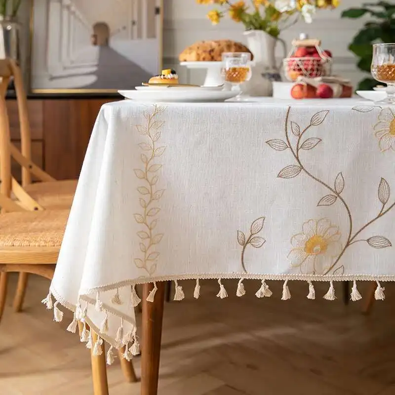 2024 Cotton and Linen Tablecloth Nordic Ins Waterproof Tassel Style Rectangular Dining Table Cloth Tea Table Cloth