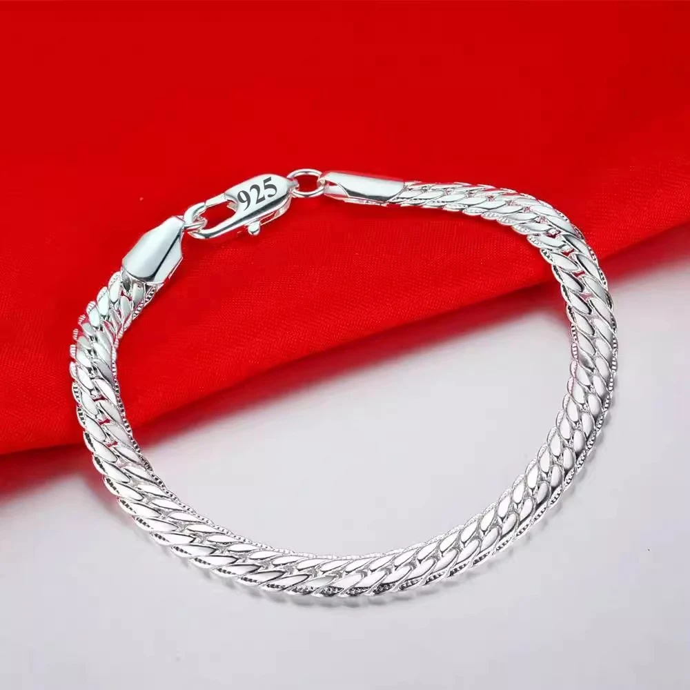 Nuevas pulseras de plata de ley 925 para mujeres y hombres, pulsera minimalista con dijes de lado plano de 5mm, regalo de joyería Punk Hip-Hop Unisex