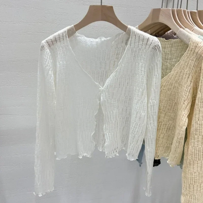 Sunscreen Short Cardigans Solid Transparent Solid Spring Summer Ruffles Women Sweaters Korean Fashion V Neck Knitwears