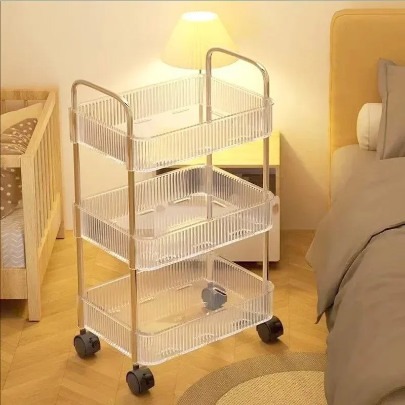 

2/3/4 Layers Storage Rack Trolley Light Transparent Acrylic Rolling Cart With Removable Hanging Baskets Multi-Layers Bookshelf