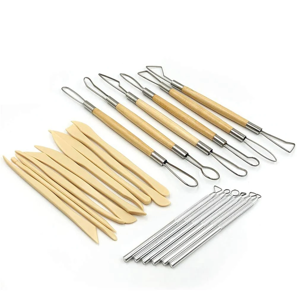 Pottery Clay Sculpting Tools, 22Pcs Wooden Handle Pottery Carving Tools & Metal Scraper & Plastic Clay Shaping Tools