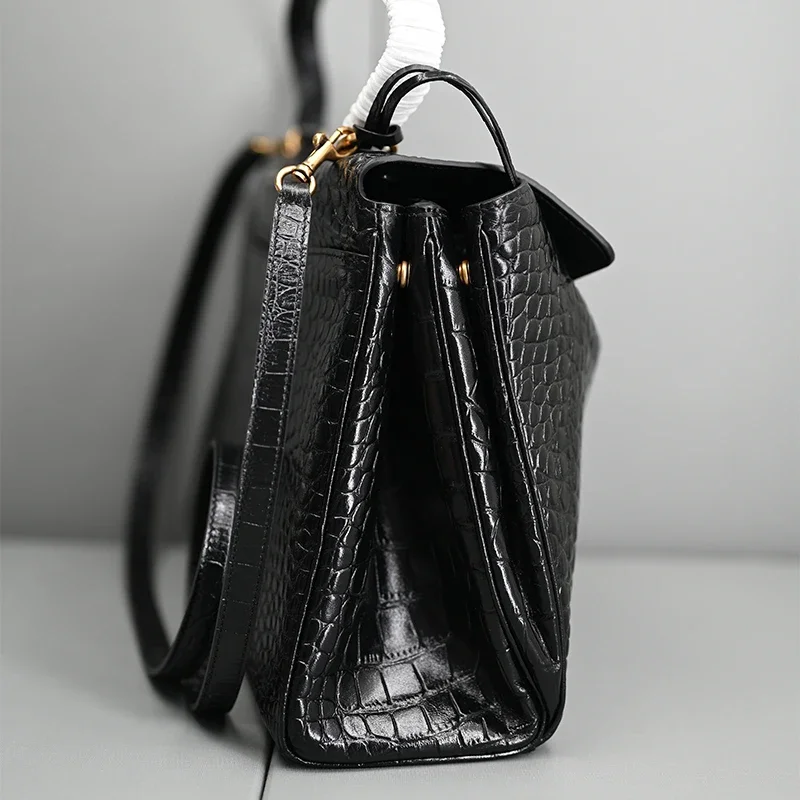 Genuine Leather Handbag 35cm with Crocodile Pattern Women\'s Bag with a Loose Feel High-End Feeling Lazy Crossbody Large