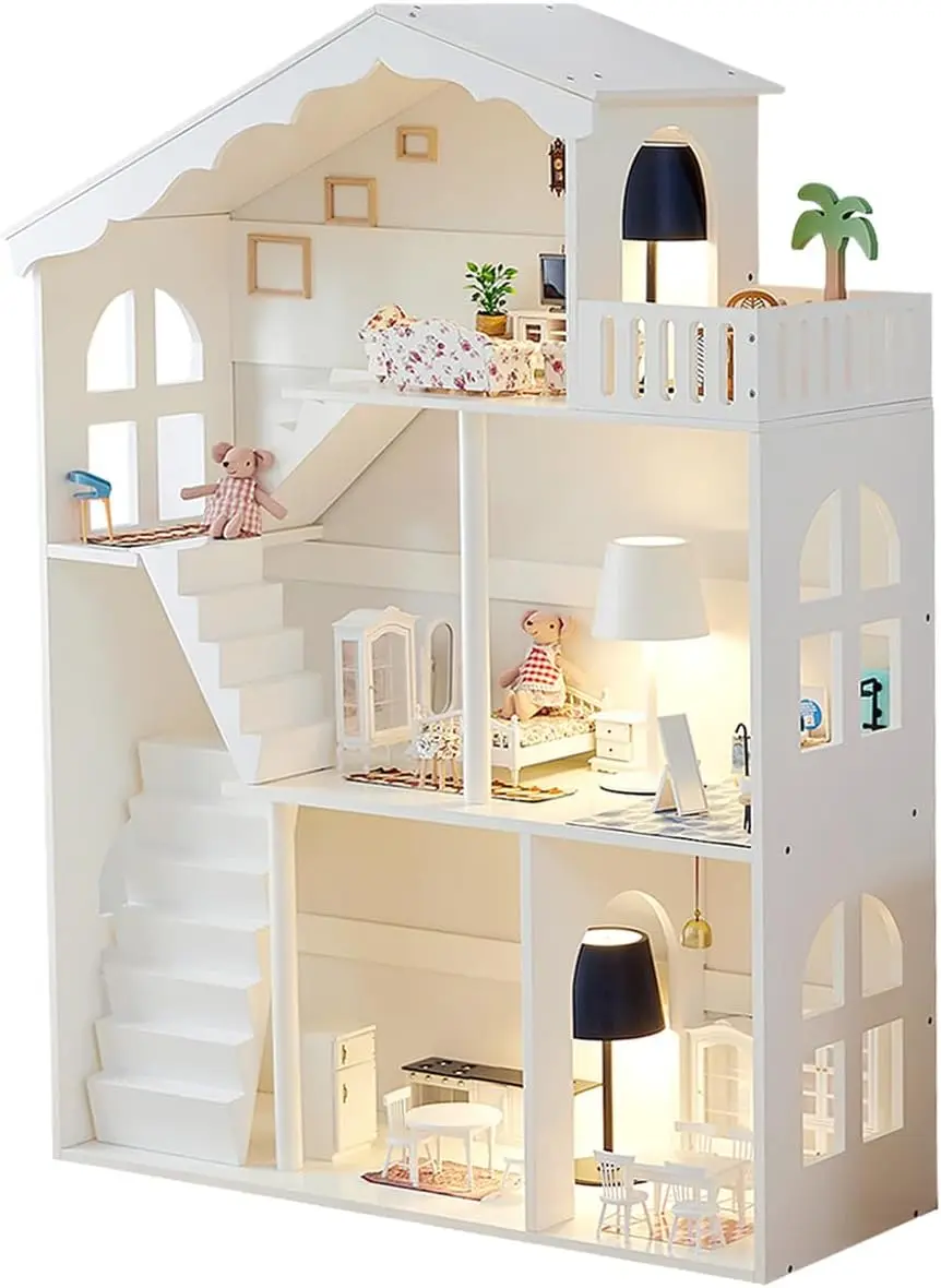 Wooden Dollhouse Bookshelf 3-Tier Doll House Bookcase Kids Books Toys Dolls Storage Organizer Shelves for Children's Bedroom