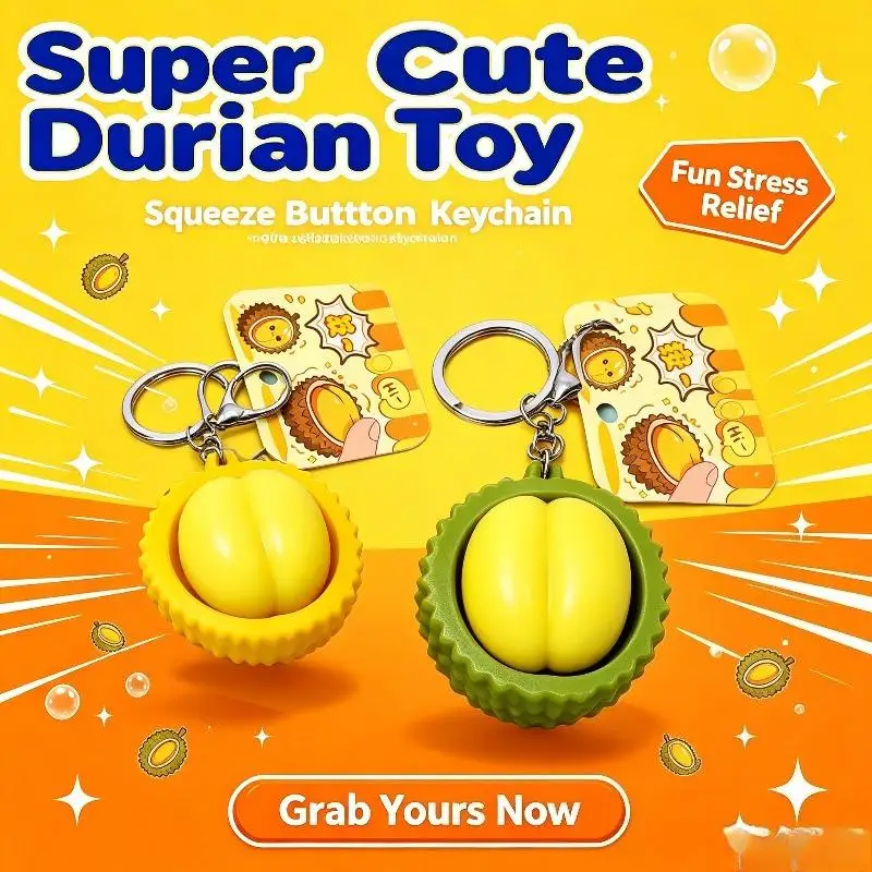 Durian Decompression Button Keychain Funny Squeeze Fidget Toy Pendant Stress Relief Key Ring for Student Office Worker