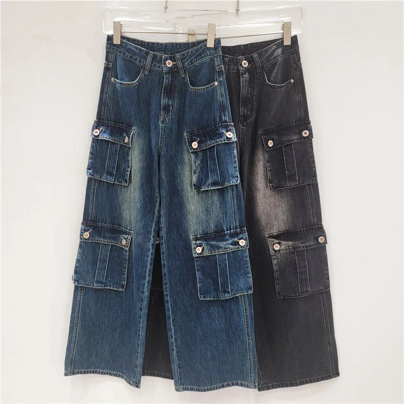 ANJY automne nouvelles femmes Vintage Streetwear élégant Cargo jean décontracté Style Safari Chic multi-poches droite jambe large pantalon A7786