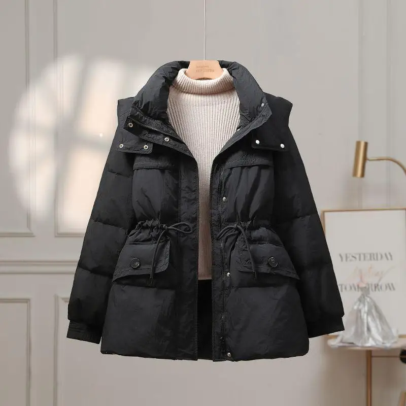 

Женское утягивающее пальто средней длины с капюшоном Jaet, теплое зимнее пальто с поясом, корейское пальто прямого кроя для поездок на работу