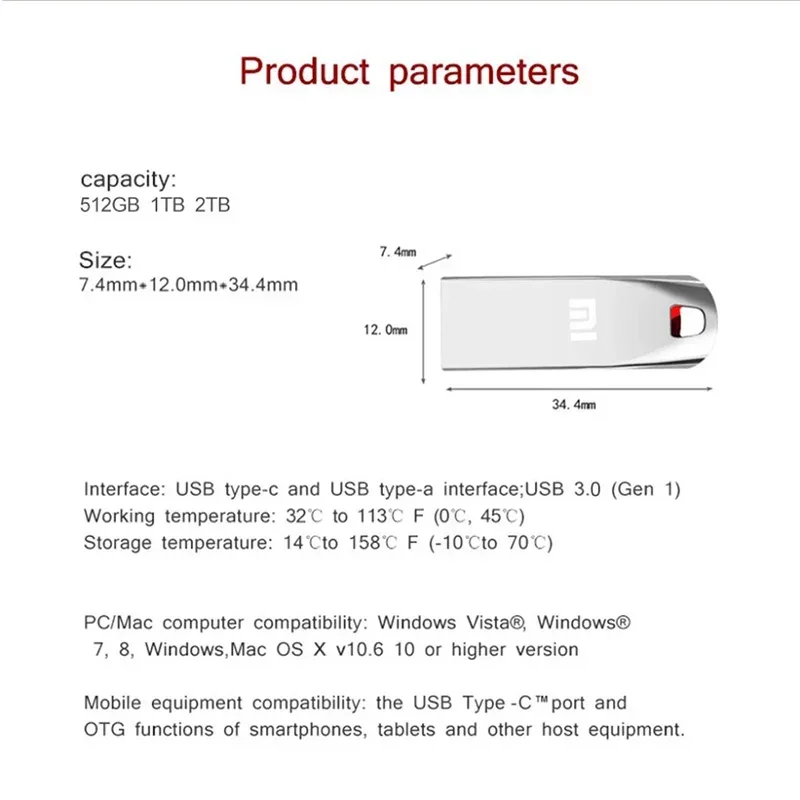 Xiaomi 2TB U Disk 3.0 logam, Pen Drive portabel kecepatan tinggi, komputer antarmuka tahan air 1TB, memori USB Flash Disk TYPE-C Adapter