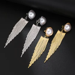 Trendy Long Snake Chain Tassel Pearl Clip on Earrings for Women Vintage Geometric Statement Non Pierced Dangle Earrings Jewellry