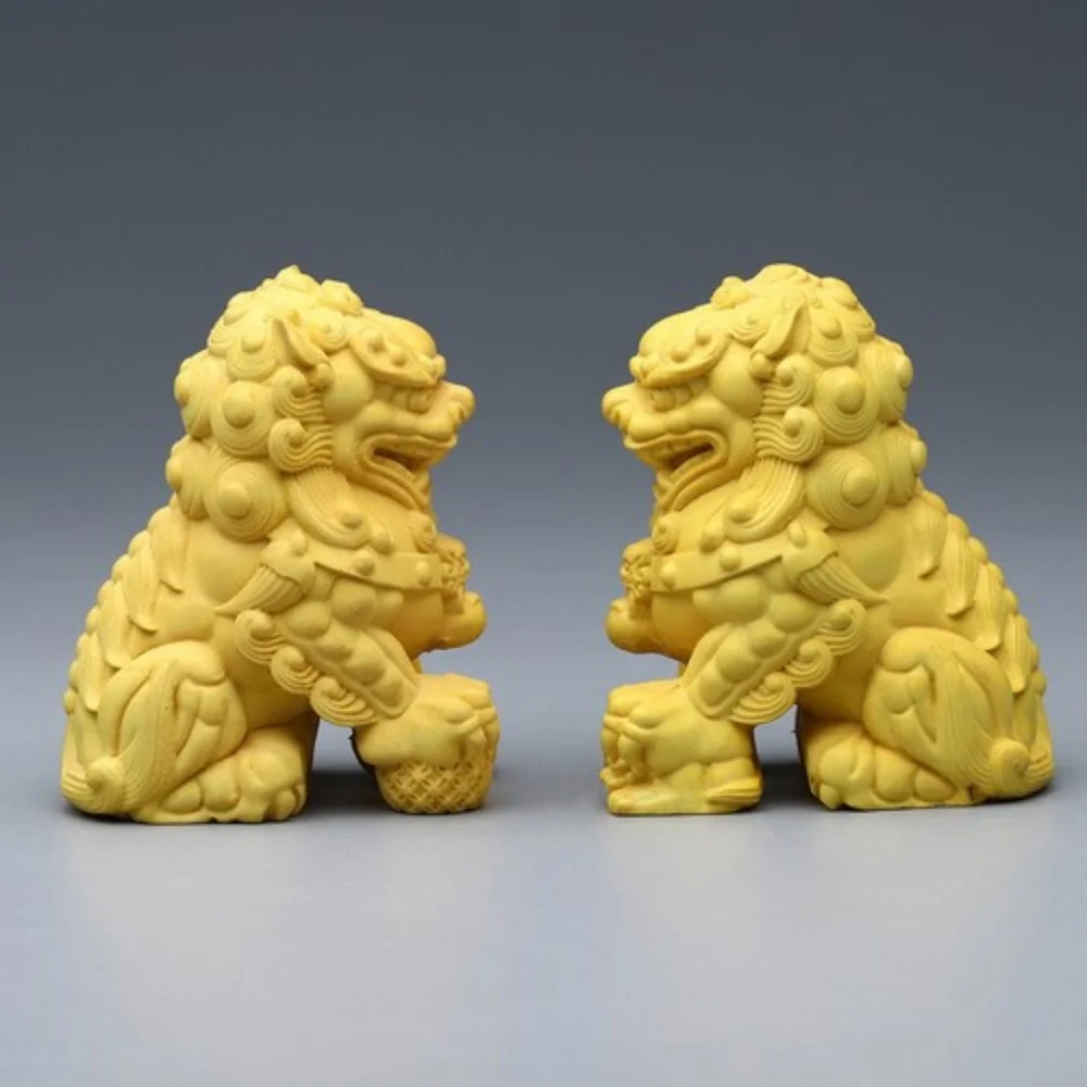 China Boxwood Carved Animal Fengshui Beast Foo Fu Dog Lion Statue Pair Home Desk Statue Decor Collection Crafts Friend Gifts﻿