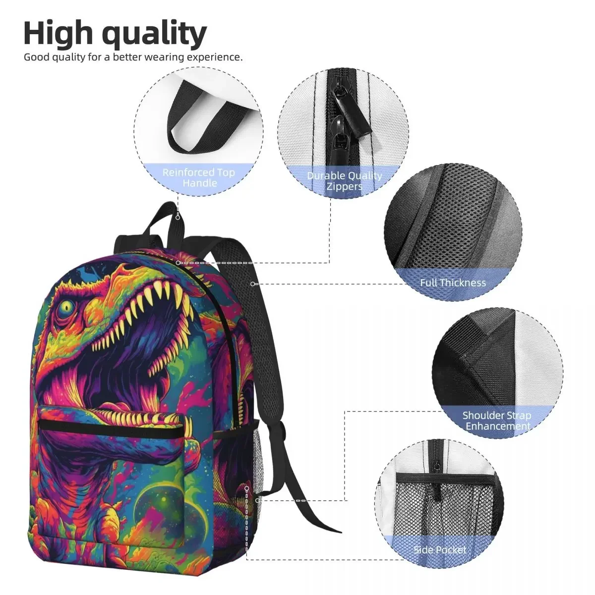 Dinosaur Colorful Graffiti Print Backpack Daypack Large Capacity Kids BookBag School Bag Shoulder Bags for Men Women