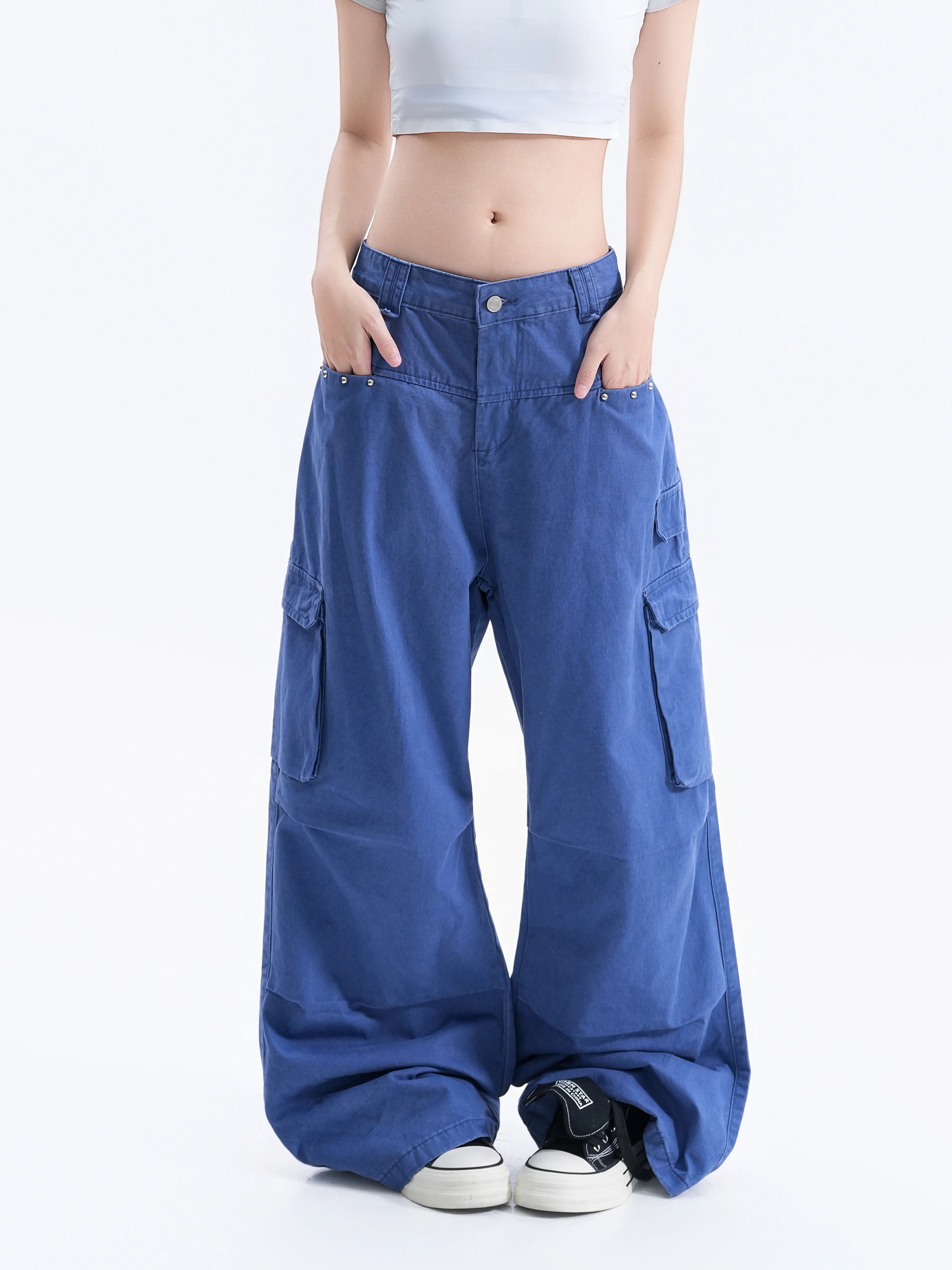 American Style Rivet Workwear Pants Women's Multiple Pockets Draping Floor-Length Slimming Atmosphere Couple Wide Leg Pants