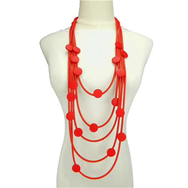 New Retro Multi-layer Disc Wood Accessories Design Red Rubber Chain Boho Style Matching Women Jewelry Ethnic Style Long Necklace