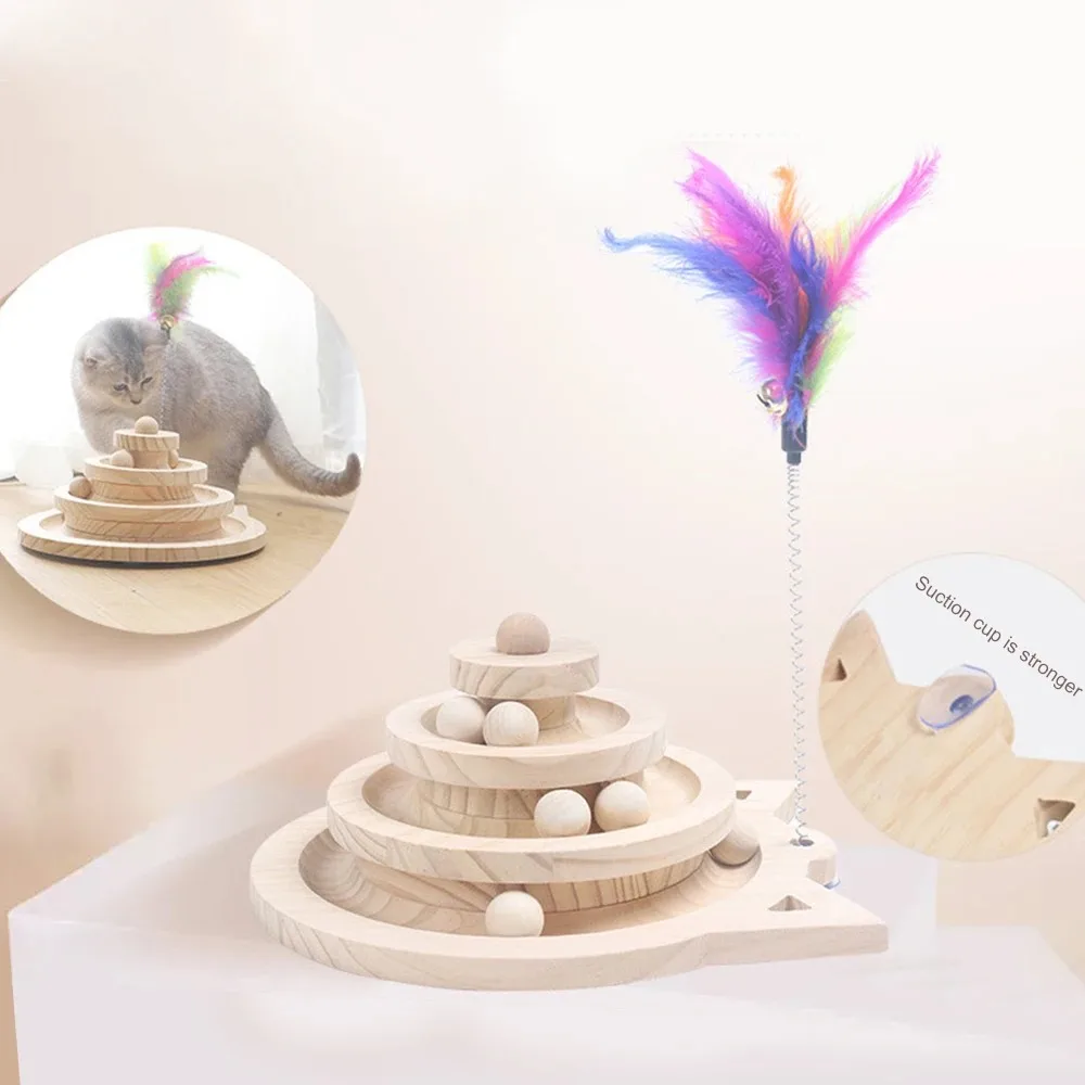 Haustier Katzen spielzeug Holz Ebenen Turm Spuren Plattenspieler Katze Intelligenz Unterhaltung Triple Play Disc Katzen spielzeug Ball Training