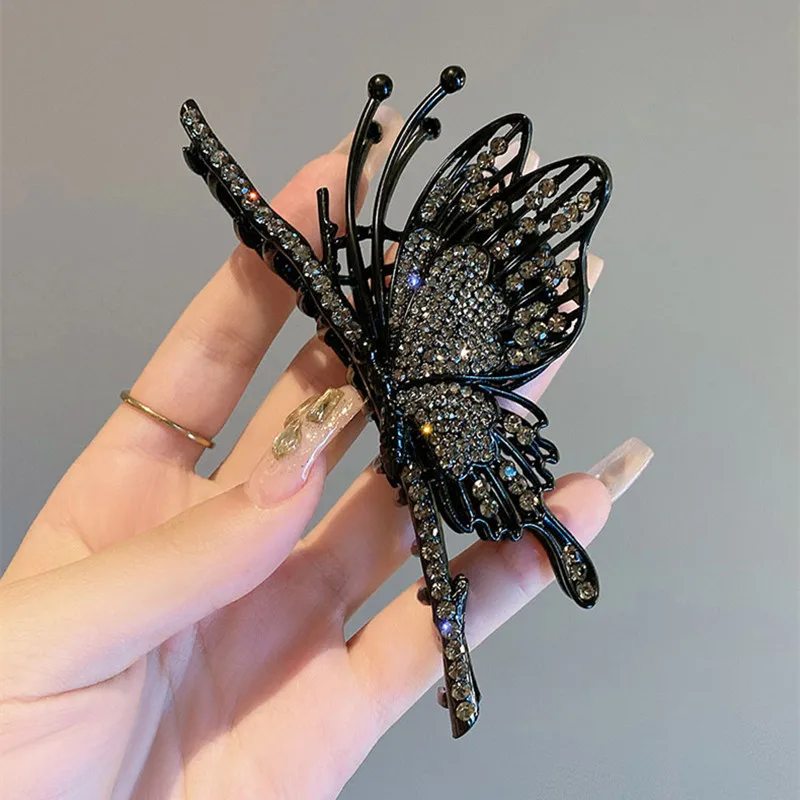 New Metal Black Butterfly Rhinestone Hairpin Back Scoop Pan Hair Shark Clip Elegant Women\'s Headwear