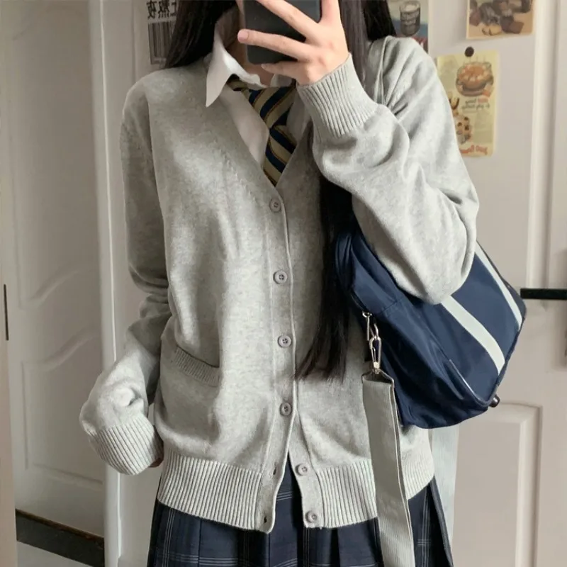 Cardigan solido donna scollo a v allentato stile giapponese JK Preppy studenti All-match primavera autunno cappotti Chic ragazze popolari Daily Mujer