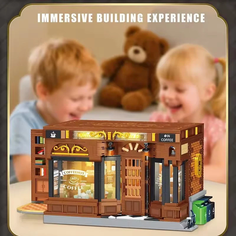 Blocos de construção de cafeteria estilo americano vintage jd131 street view cafe shop arquitetura tijolo brinquedos diy presentes de natal adultos