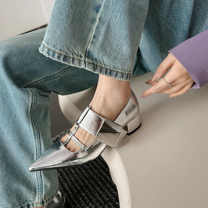 2026 new spring autumn women pumps natural leather 22-25cm cowhide+pigskin pointed toe cross-strap ankle-buckle women shoes