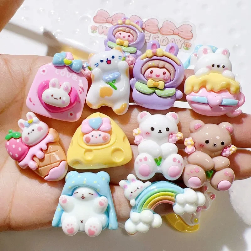 10PCS Resin Colorful Cartoon Bunny Ice Cream, Flower Bear, Rainbow Series Scrapbook Flatback 3D food Figurine DIY Decor Crafts