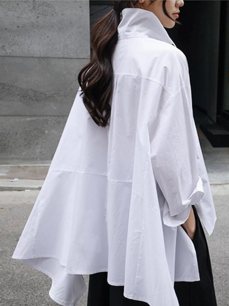 [EAM] 2024 New Spring Autumn Lapel Long Sleeve White Back Long Loose Big Size Irregular Shirt Women Blouse Fashion Tide JU847