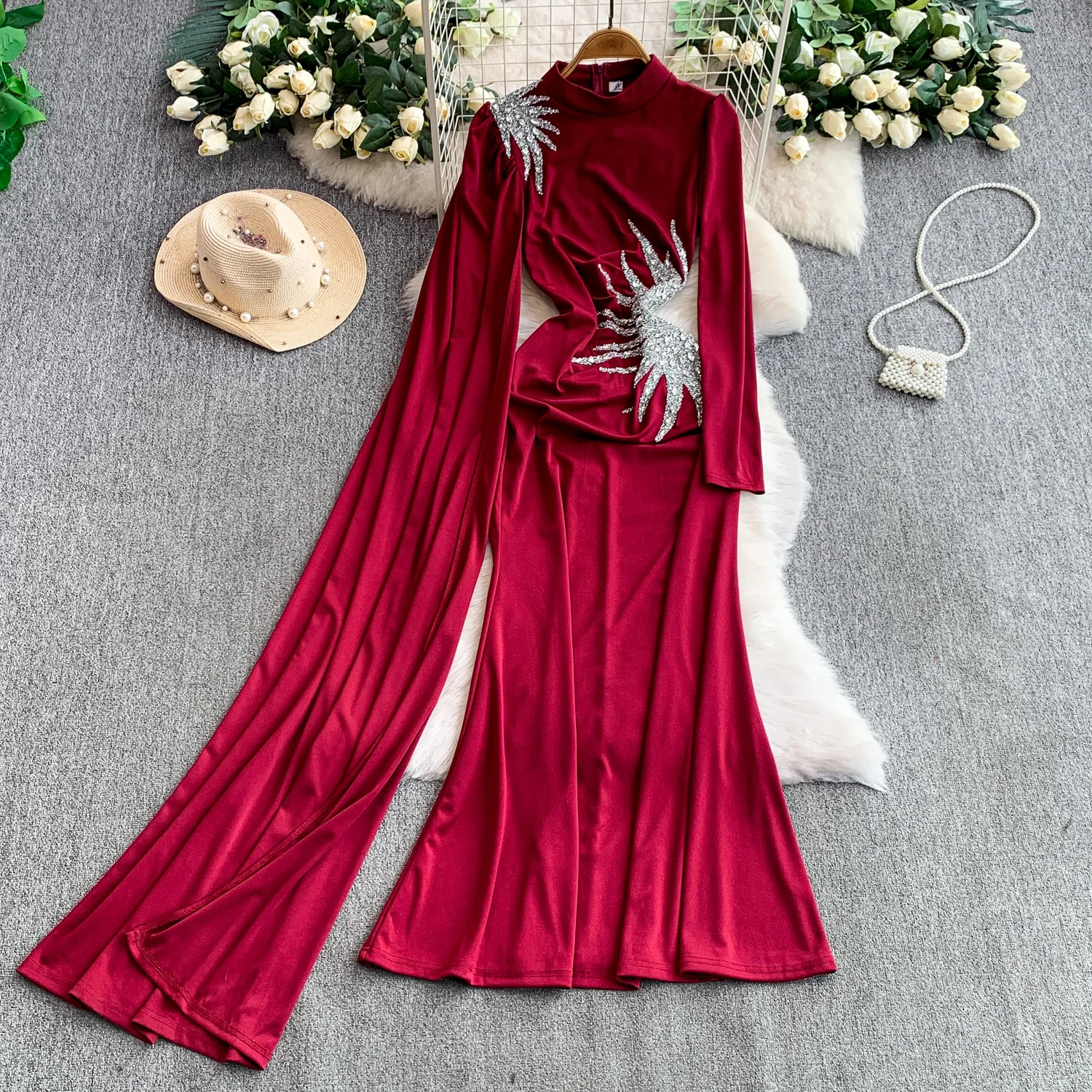 

Шикарное винтажное тонкое платье со стразами и длинными рукавами, элегантное сказочное корейское модное осеннее вечернее женское платье