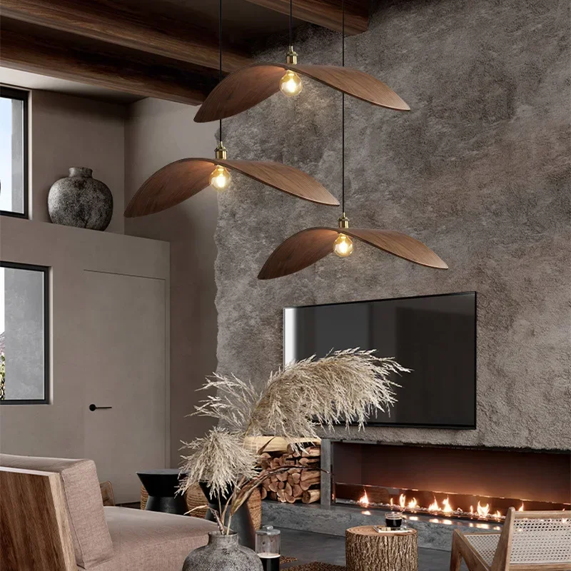 Modern Minimalist Walnut Colored LED Pendant Lamp Study Homestay Restaurant Retro Atmosphere Chandelier Home Decor Light Fixture view 3