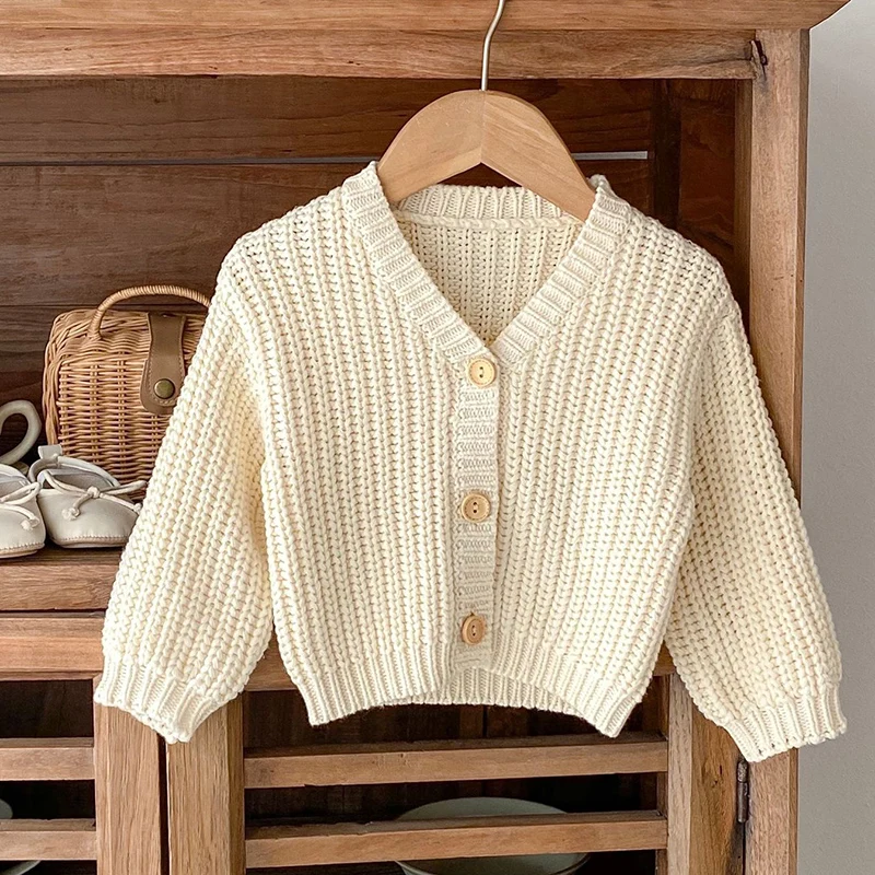 2024 New Autumn Toddler Baby Girl Knitting Cardigan Long Sleeved Solid Color Knitted V-neck Coat Newborn Baby Girls Sweater