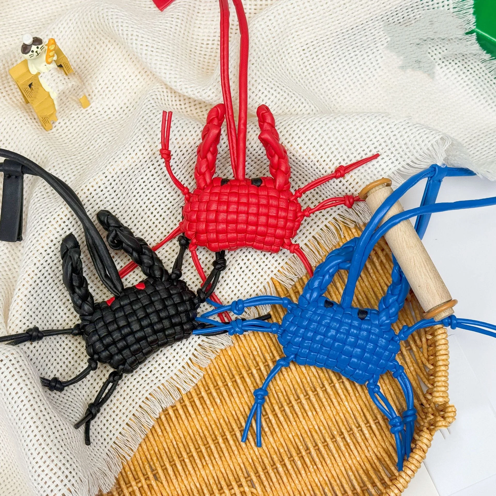 Newly  leather hand-woven crab-shaped car pendant  Handbag charm accessory with a decorative cord 9 Colors .