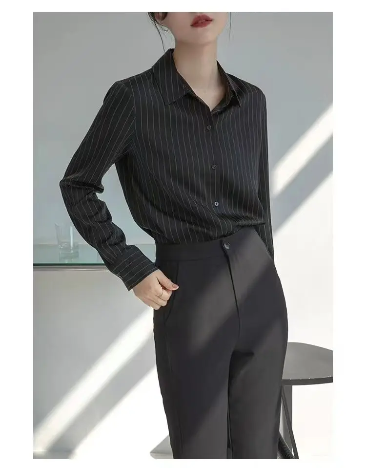 Advanced Black Striped Shirt for Women\'s Spring and Autumn New Commuting Formal Style Long Sleeved Top