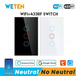 Tuya Smart Life Wifi Wall Touch Light Switch No Neutral Wire 433 Mhz RF 2 Way Switch 220V 110V US, Support Alexa Google Home