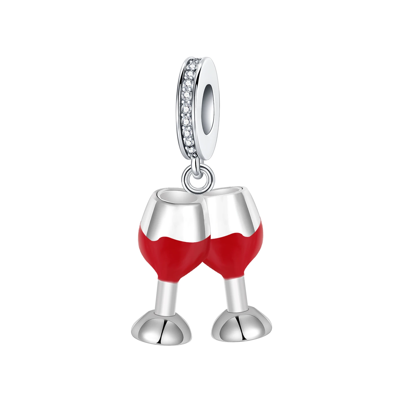 925 Sterling Silver Wine Glasses Cheers Dangle Charm Red Bead Fit Bracelets Celebration & Romantic Jewelry Gift for Women Girls