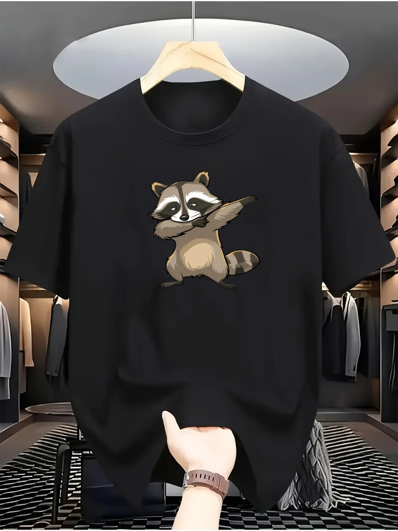 2026 Men's 100% Casual T-Shirt Featuring a Raccoon Design, Perfect for Both Casual And Sporty Looks. It Has a Crew Neck, Ideal f