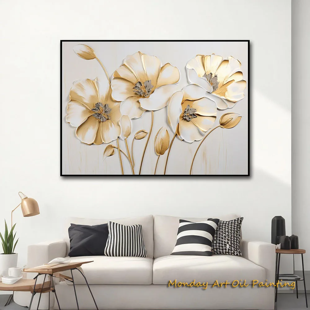 100% Hand Painted Gold And White Flowers Textured Acrylic Abstract Oil Painting Wall Decor Living Room Fedex Shipping Cost