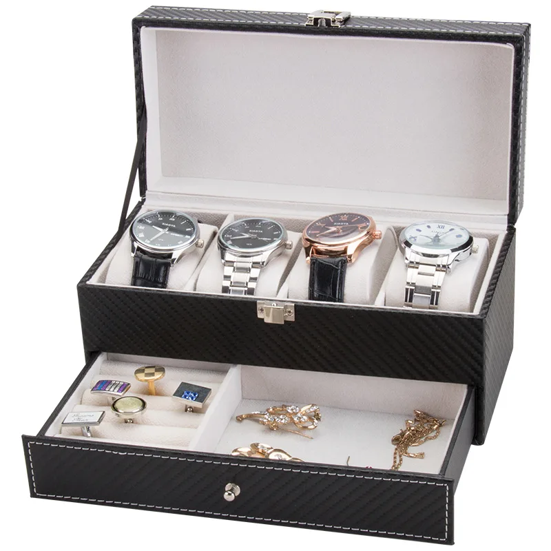 Double Jewelry Watch Case Carbon Fiber Pu Leather Men Jewellery  Boxes and Jewelry Organizer Watches Accessories Watch Exhi Box