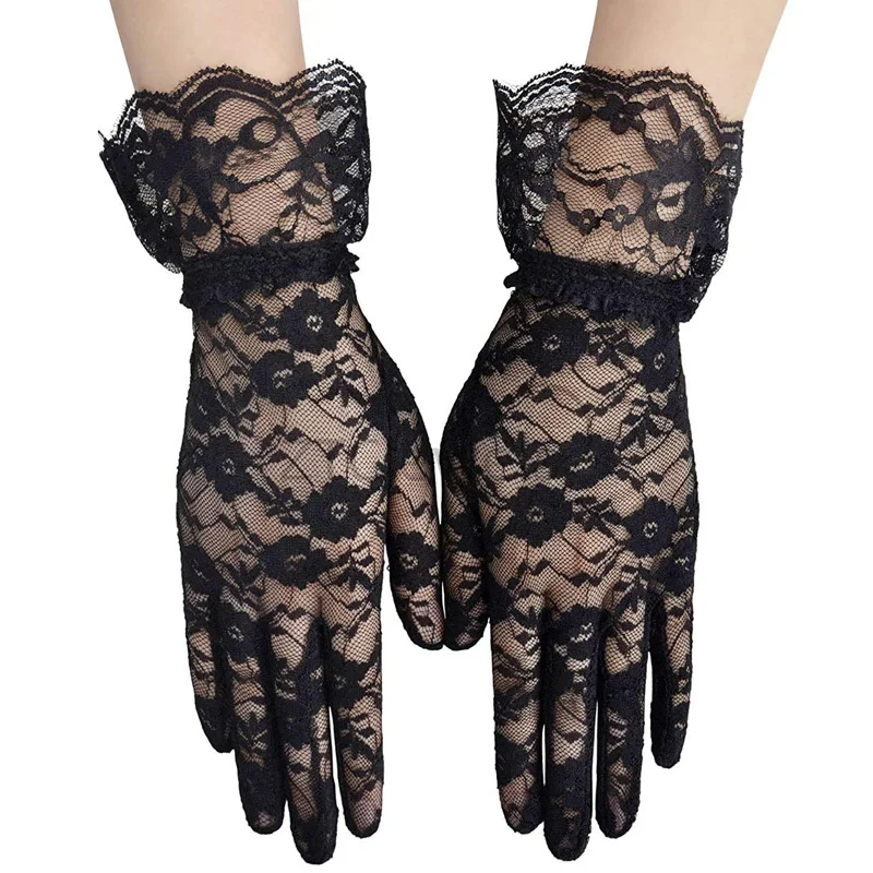 Gants courts en dentelle transparente pour femmes, Vintage, Derby Tea Party, longueur de poignet, gants floraux pour dîner, accessoires de Costume d'halloween