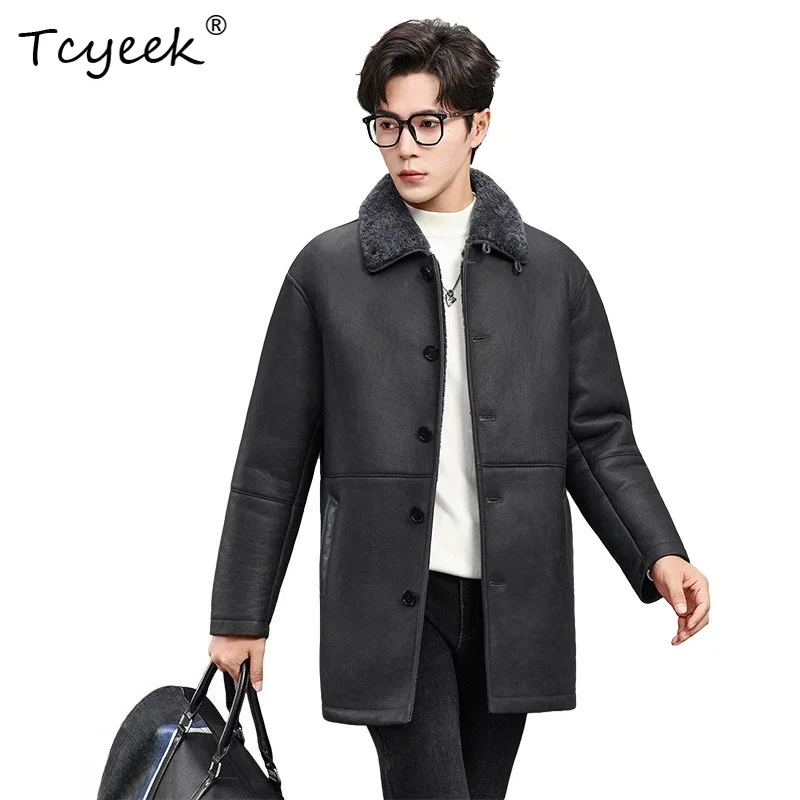 Tcyeek Cozy Sheep Wool Coat Mens Genuine Sheepskin Winter Jacket Men Top Quality Mid-length Lapel Collar Thickened Men's Clothes