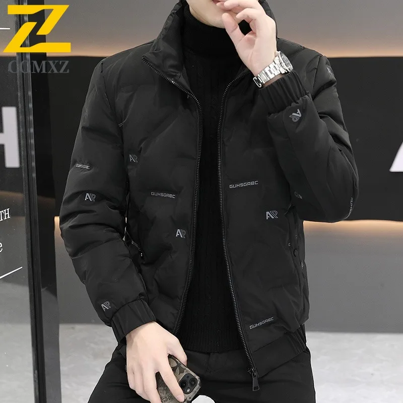 COMXZ Mens stand collar Puffer Jacket Korean Style Solid Color Cotton-Padded Waterproof Windproof Thermal Outerwear Streetwear