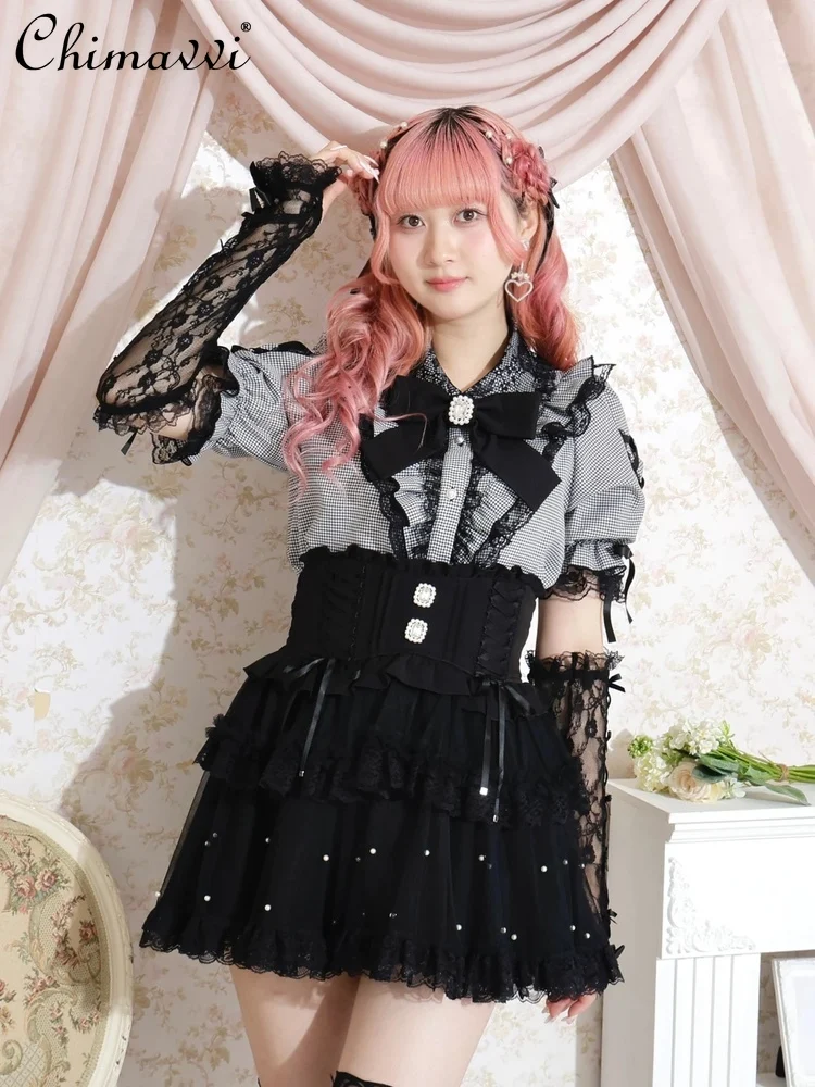 

Japanese Sweet Girl Lace Edge Bow Ribbon Shirt Summer New Mine Series Mass Production Short-sleeved Blouse Lolita Y2k Tops