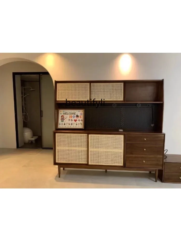 

07Solid Wood Sideboard Integrated High Cabinet Walnut Color Wire-Wrap Board Storage Cabinet Multifunctional TV Cabinet