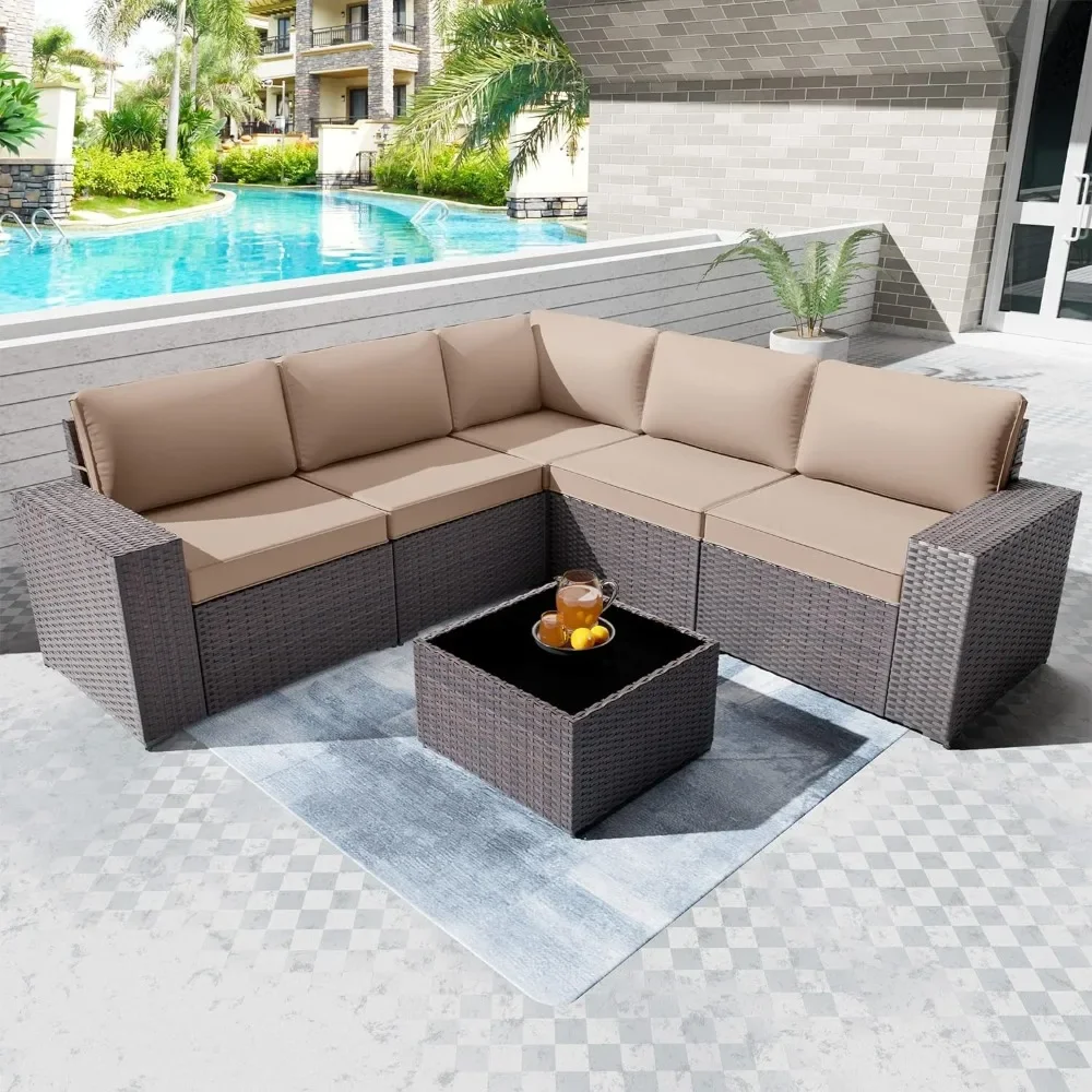 

6 Pieces Outdoor Furniture Patio Set, Modern All-Weather Black&Brown Wicker Patio Conversation Set for Pool/Garden/Backyard