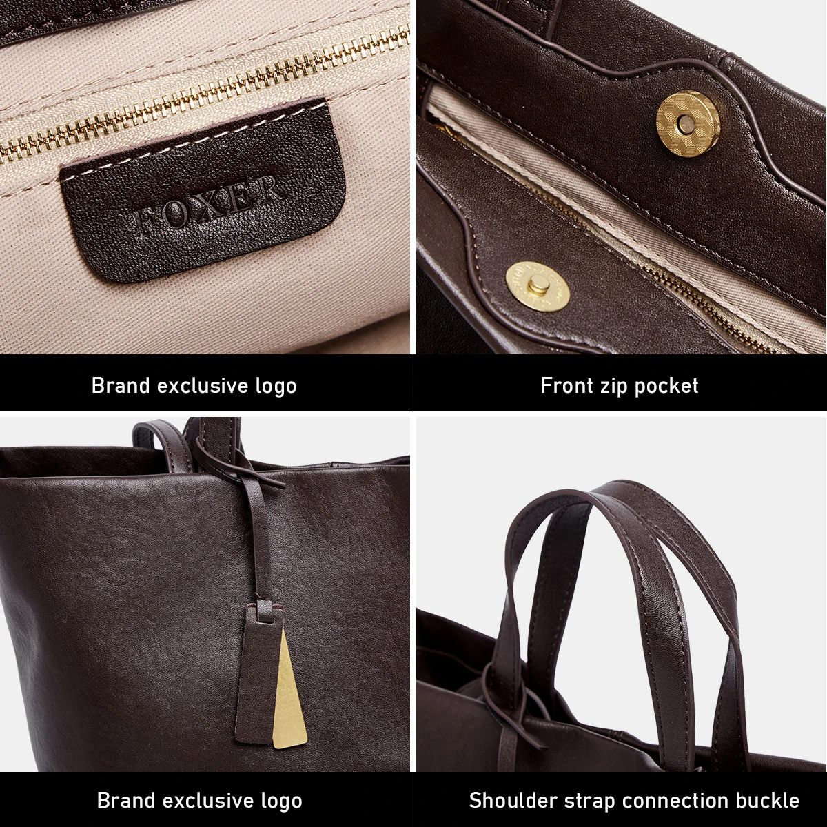 FOXER حقيبة يد نسائية فاخرة جلد البقر 2025 الشتاء خمر حقيبة كتف الإناث حقيبة يد ذات سعة كبيرة للتسوق التنقل