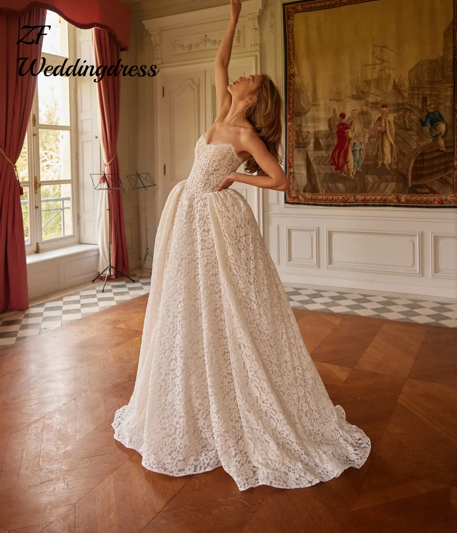 Customize Sweet Princess Lace wedding dress, elegant and charming retro bridal gown with zipper back evening dress