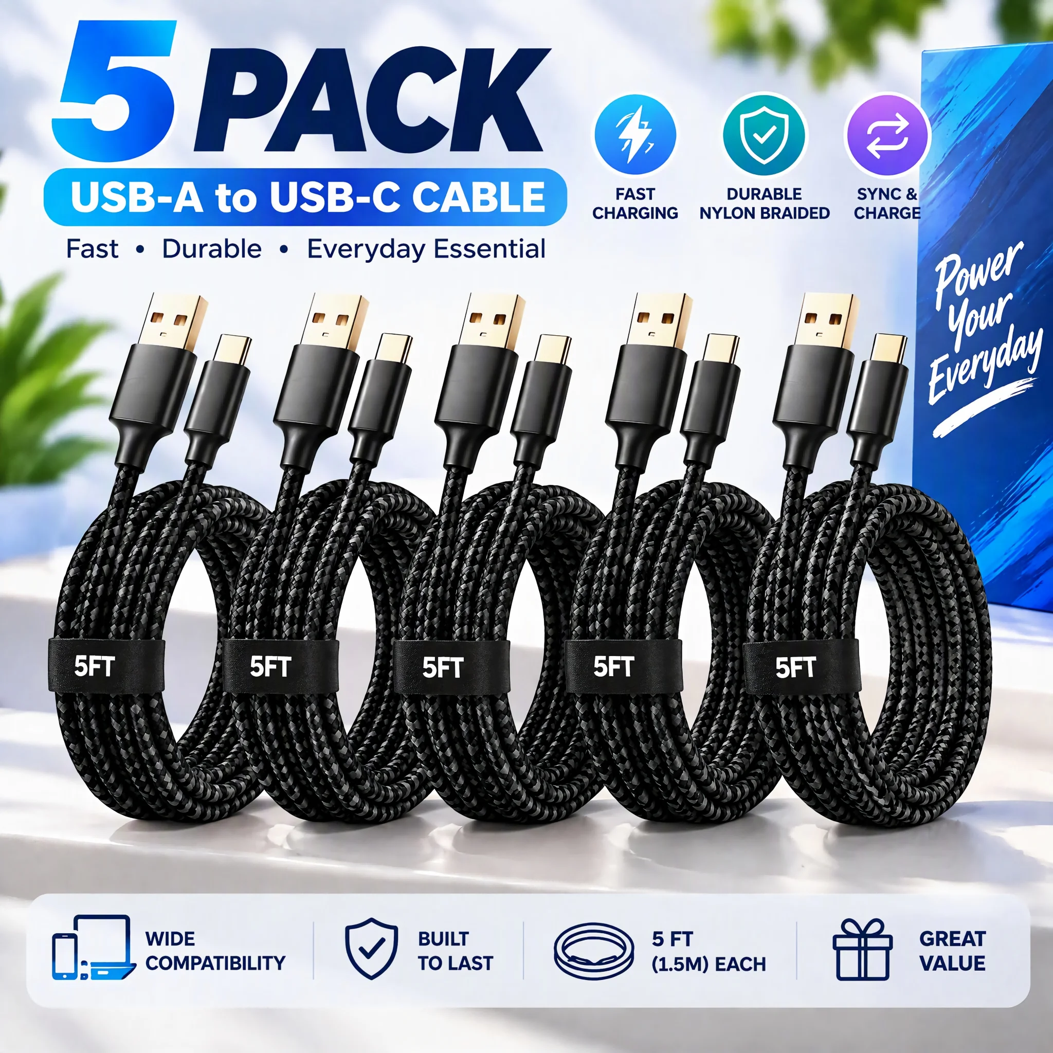 5 Pack USB A to USB C Cable 5FT, Nylon Braided Fast Charging USB-C Charger Cord, Sync & Charge USB Type C Cable, Durable for Samsung Galaxy, Android Phones, Tablets